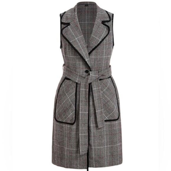 New Plus Plaid Pocket Contrasting Border Long Pants Sleeveless Vest Jacket NWT - Picture 7 of 16